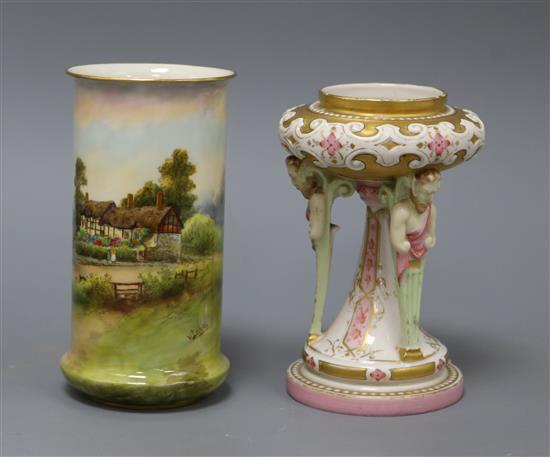 A Royal Worcester Anne Hathawys vase, signed W.Long and a Worcester satyr vase, dated 1867 tallest 14.5cm